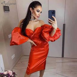 Summer Women'S Chic Puff Sleeve Design Sexy Strapless Backless Celebrity Party Club Midi Dress Vestido 210527