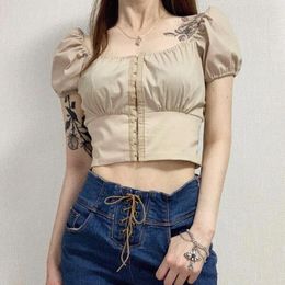 Women's Blouses & Shirts Women Square Neck Puff Sleeve Crop Top With Hook And Eye Front Asian Size