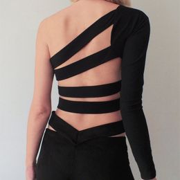 One Shoulder Slope Neckline T Shirt Sexy Backless Bandage Long Sleeve Women's Tshirt Black Crop Top Y2K 90S Clothes 210517