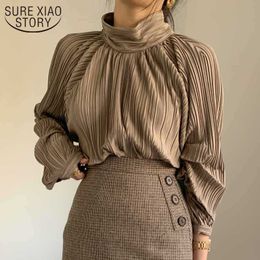 Spring Fashion Blouse Loose Lantern Sleeve Shirt Women Autumn Chic Solid Colour Turtleneck Pleated Tops Lady Blusas 12639 210527