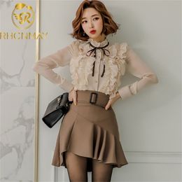 Spring Women Suits Two Pieces Set Korean Style Transparent Stand Collar Single Breasted Tops And Skirt Clothes 210506