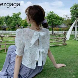 Ezgaga Lace Up Puff Short Sleeve Blouse Women Bow Chic Flower Design Shirts Korean Fashion Summer New Loose Elegant Crop Tops 210430