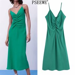Green Gathering Slip Long Dress Women Summer Backless Spaghetti Strap Midi Sexy es Elegant Woman Party 210519