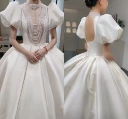 Dresses Vintage Ballgown Wedding 2022 Bridal Gown Pearls Beaded High Neck Satin Sexy Hollow Sweep Train Short Sleeves Tulle Plus Size Custom Made Vestido De