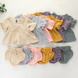 INS Girl's Baby Clothes Two Pieces Sets Summer Solid Colour O-neck Ruffles + Short 100% cotton Child clothing set