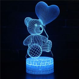 Small Night Lights 3D Love Bear Colourful LED Gift Acrylic Table Lamp Touch Remote Control Home Room Decoration Desk Lamp