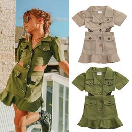 2020 Summer Toddler Baby Girls Dresses Solid Short Sleeve Lapel Waist Hollow Out Dress Fashion Ruffle Outfits Kid Clothing Q0716