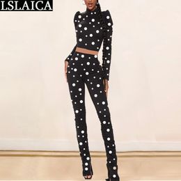 Women 2 Piece Set Skinny Elastic Waist Polka Dot Fashion 2 Sets Womens Outfits Exposed Navel Casual Tute Sportive Donna 210520