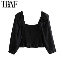 TRAF Women Fashion Smocked Elastic Cropped Blouses Vintage Three Quarter Sleeve Ruffled Female Shirts Chic Tops 210415