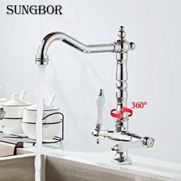 360 Swivel Kitchen Faucet Antique Brass/Chrome Polish Double Handle Bathroom Basin Sink Mixer Tap Faucets CF-9088L 210724