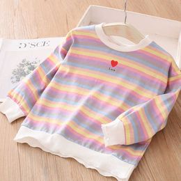 Spring Autumn Casual 3 4 6 8 10 12 Years 90-150cm Cute Children Cotton Colourful Striped Sweatshirt For Kids Baby Girls 210529