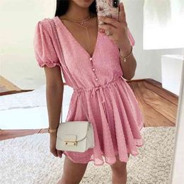 Foridol Polka Dot Pink Dress V Neck Sheer Sleeve Dress Summer Ladies Casual Mini Dress Beach Boho Vestidos De Fiesta 210415