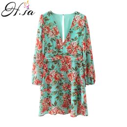 Hsa Women Floral Print Boho Party Dress Sexy V Neck Long Sleeve Spring Clothes With Waist Tie Elegant Day Dress 210716