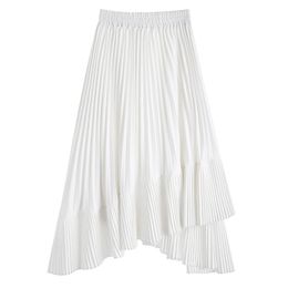Qooth Elegant Chiffon Pleated Skirts For Women Summer High Waist Asymmetrical Long Skirt Fashion Saia Irregular Faldas QH1819 210518
