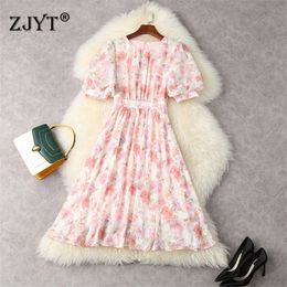 Elegant Summer Clothes for Women Fashion Designer Puff Sleeve Chiffon Print Floral Midi Dress Casual Sweet Robe Femme 210601