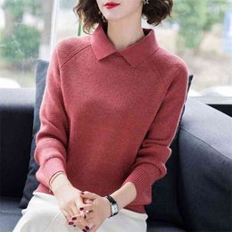 Lapel Knitted Sweater Women Loose Hollow Comfortable Long-sleeved Striped Plus Size Base Pullover Jumper Female Autumn 210427