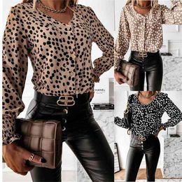 Women Autumn Spring Leopard Dot Print Slim Blouse Shirt Long Sleeve V Neck Nutton Sexy Office Lady Elegant Blouses Shirts Blusa 210507