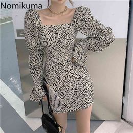 Nomikuma Vintage Printed Mini Dress Women Slim Fit Korean Fashion Vestidos Femme Square Collar Puff Sleeve Dresses 3d899 210514