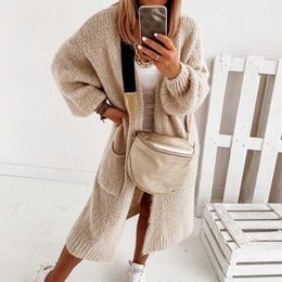 Jodimitty Autumn Winter Fashion Women's Long Cardigan Jacket Sweater Ladies Worm Solid Color Sweater With Side Pocket 211008