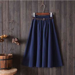Midi Knee Length Summer Skirt Women With Belt Fashion Korean Ladies High Waist Pleated A-line School Female 61E 210420