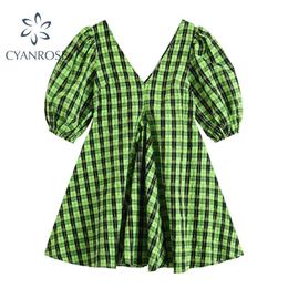Summer Beach Women's Vintage Green Plaid Crop Dress V-Neck Short Sleeve E-Girl Dresses Street Club Loose Ins Vestidos Mujer 210515