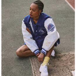 Bomber Baseball Jacket Women Streetwear American Football Pu Leather Outwear Womens London Neutrals Blue Varsity Jackets 211223