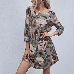 Casual O Neck Mini Dress Short Daily Women Clothes Oversized Fashion Chic Floral Print Harajuku Dresses Female 210415