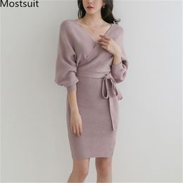 V-neck Batwing Sleeve Knitted Sweater Dress Women Spring Lace-up Belted Elegant Sexy Korean Ladies Dresses Vestidos Femme 210513