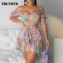 CM.YAYA Foral Beach Bohemian Women's Tracksuit Mini Pleated Skirts Set with Crop Tops Matching Two 2 Piece Active Sweatsuit 220302