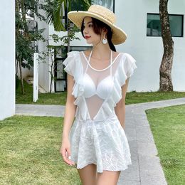 Women's Swimwear 2021 Asia Japan And South Korea One Piece Swimsuit Women Gauze Deep V-Back Spring Young Girl Sexy With Skirt