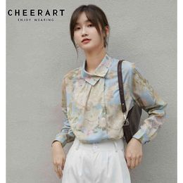 Vintage Floral Print Korean Blouse Women Long Sleeve Top Button Up Skew Collar Shirt Fall Ladies Clothing 210427