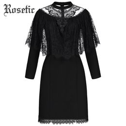 -Vestidos casuais rosética gótico outono mulheres vestido preto malha retalhos sexo sexo slim elegante festa vestir selvagem moda goth victorian
