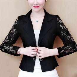 Jacket Women Long Sleeve V-neck Office 3XL 4XL Black White Hollow Lace Coat D105 210922