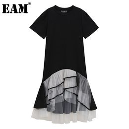 [EAM] Women Black Mesh Ruffles Long Casual Dress Round Neck Short Sleeve Loose Fit Fashion Spring Summer 1DD7526 210512