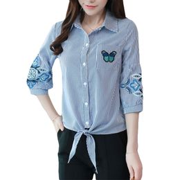 Ladies Shirts Embroidery Women Blouse Shirt Casual Top striped Turn Down Collar Long Sleeve Chiffon Flower Tops 552B 210420