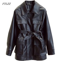 FTLZZ Slim PU Coats Women Faux Leather Jackets Vintage Motor Biker Jackets Elegant Tie Belt Waist Pockets Buttons Coats 210916