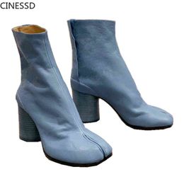 Boot Split Toe Genuine Leather Women Ninja Tabi Boots Sheepskin Real Ankle Mm6 Round Heel 3cm/8cm Heels Woman Shoes 220310