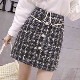 Autumn Winter Mini Tweed Skirt Women Single-Breasted Ladies Fashion Korean High Waist Woolen 210520