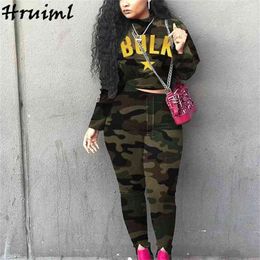 Clothes for Women Fall Casual Camouflage Two Piece Set Top and Pants Fashion Letter Printing Elastic Waist Roupas Femininas 210513