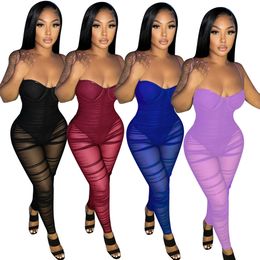 Women Summer Sling Jumpsuit Solid Color Sexy See-through Mesh Bodysuit Off-shoulder Vest Skinny Leggings Rompers Nightclub Clothes
