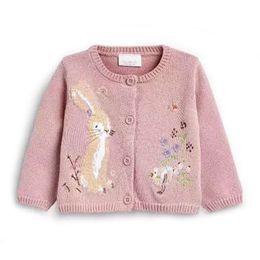 Baby Girls Cotton Knitted Cardigan Pink Color Cartoon Rabbit Embroidery Spring Autumn Sweater Kids Outerwear Top 211106