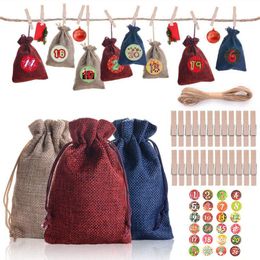 Linen Christmas gift bag candy stash bundle pocket Advent calendar sticker linen imitation burlap bag set