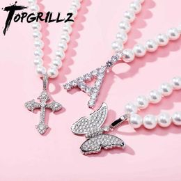 TOPGRILLZ 6mm8mm Vintage Fashion White Pearl Necklace with Iced Cubic Zirconia Cross/Butterfly Pendant Charm Jewellery For Women