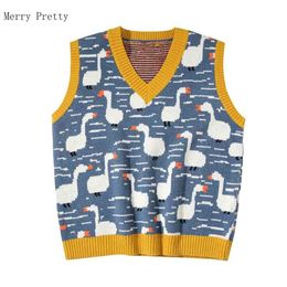 Winter Women Sweater Vest Chic Cartoon Duck Embroidery Jacquard Knitted Sleeveless V-neck Sweet Sweaters Girl Pullovers Top 210819