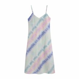 Summer Women Tie Dye Printing Suspender Midi Dress Female Sleeveless Clothes Casual Lady Loose Vestido D7553 210430