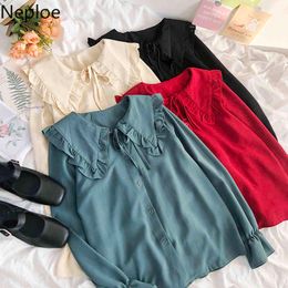 Neploe Japanses Blusas Mujer De Moda Sweet Ruffles Blouses Women Peter Pan Collar Lace Up Solid Color Blouse Tops Female 210422