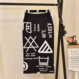 Women's Autumn Skirt Knit Letters Split Winter Thick Soft Midi Pencil Skirts Japan Girl Harajuku Woman Faldas Female LS153 210408