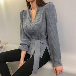 Harajuku Thermal Sweater Women V Neck With Blet Bandage Slim Sweaters Autumn Winter Korean Pullover Knitted Top 210602