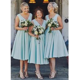 Baby Blue V Neck Bridesmaid Dresses Mermaid Tea Length Wedding Party Dress For Women Vestido De Festa