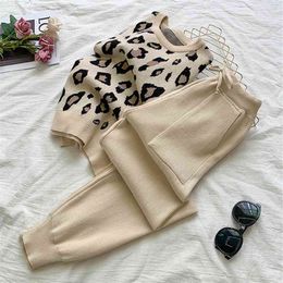 HMA Women's Long Sleeve Knit Leopard Pullover Sweaters+Elastic Waist Pants Sets Fashion Trousers Two Pieces Costumes Outfit 210331